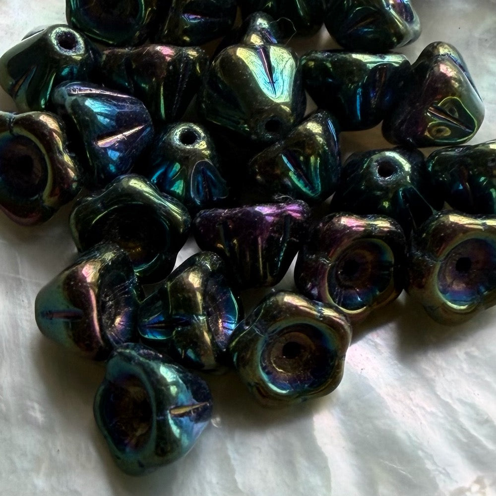 Dark Green Iridescent Glass Flowers