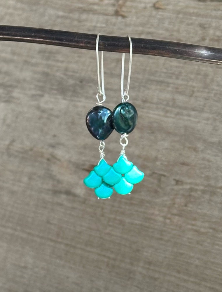 Deep Green Freshwater Pearl & Glass Earrings
