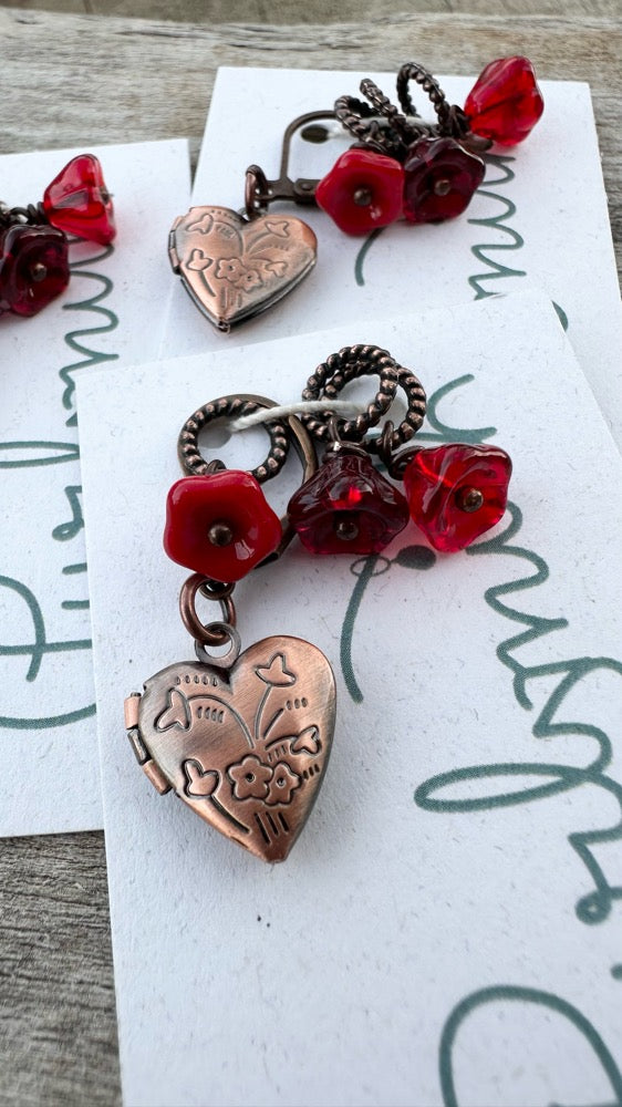 Hearts & Flowers Antique Copper Locket Set