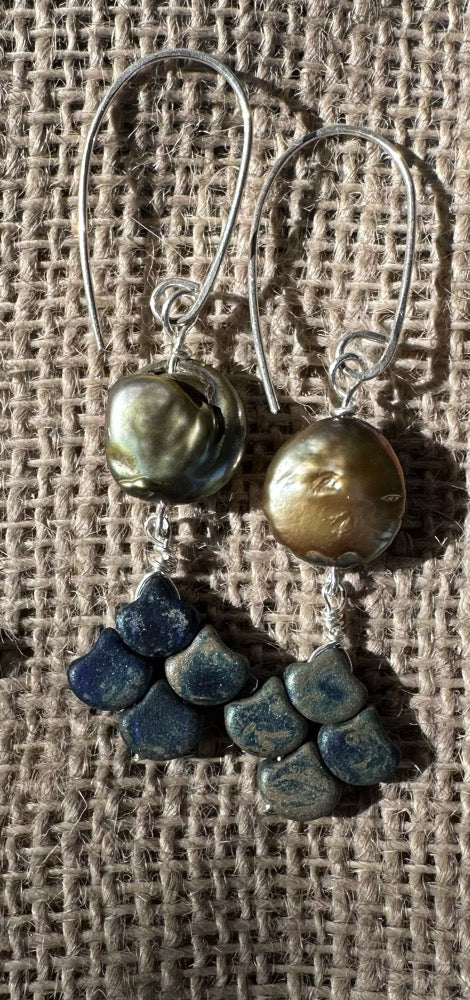 Olive Coin Pearl & Glass Earrings