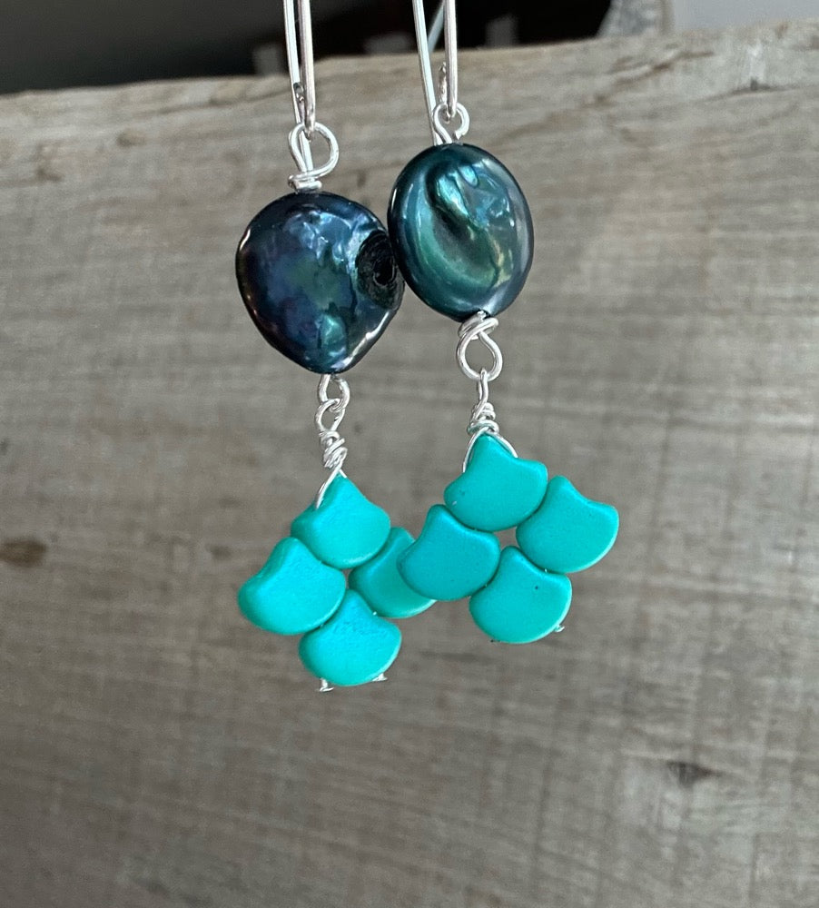 Deep Green Freshwater Pearl & Glass Earrings
