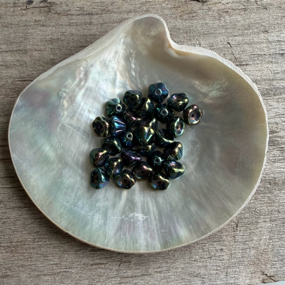 Dark Green Iridescent Glass Flowers