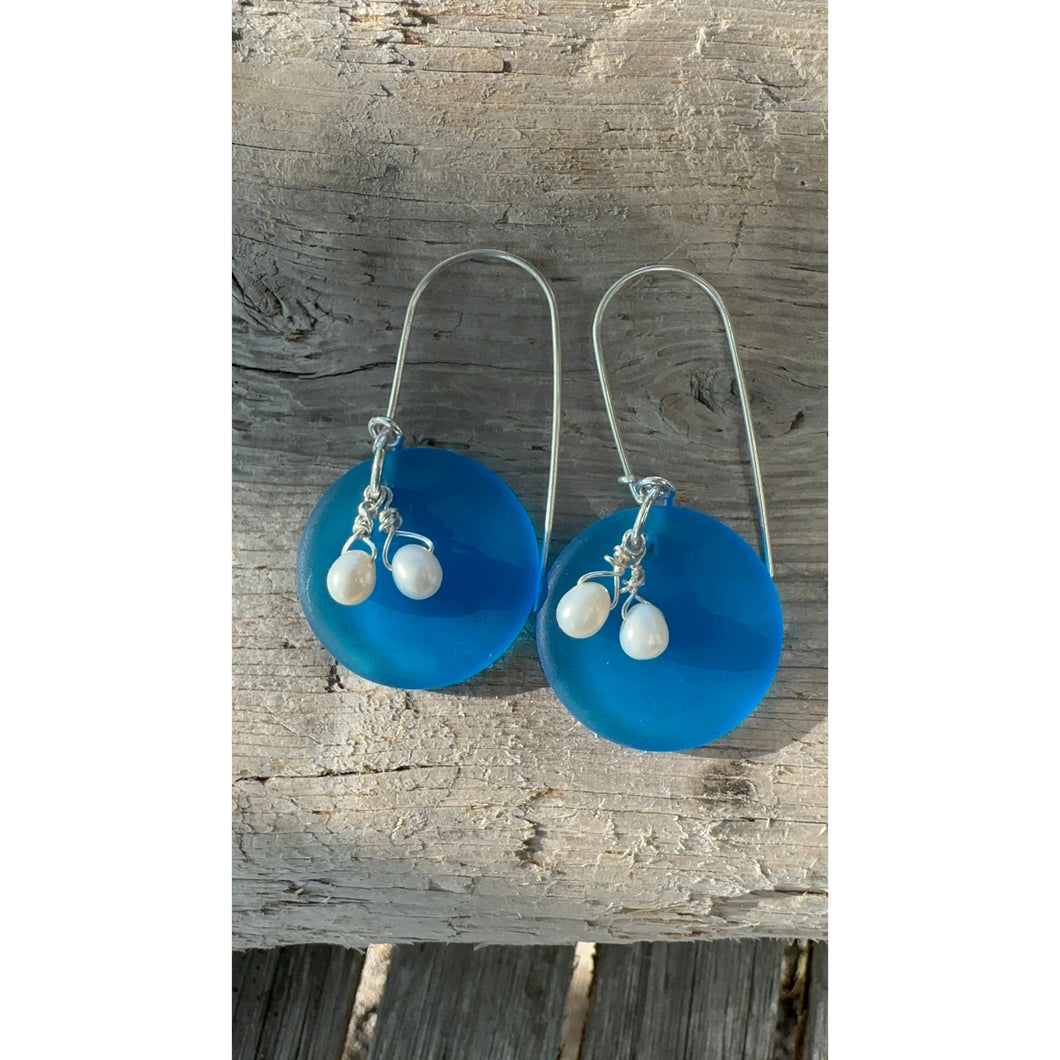 Sea Glass Disks with Pearl Earrings - Calypso Blue