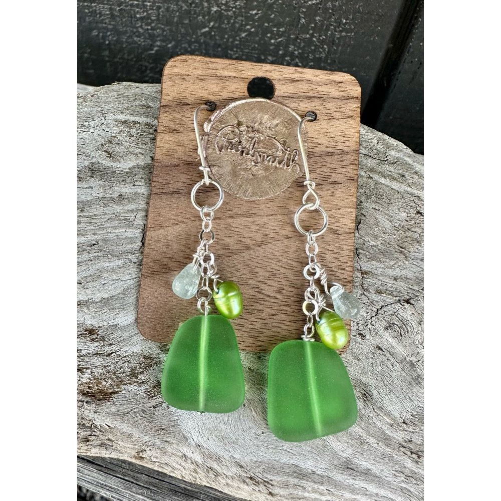 Greens Sea Glass & Pearl Earrings