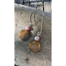 Load image into Gallery viewer, Long Mother of Pearl &amp; Pearl Earrings - Coffee &amp; Lilac

