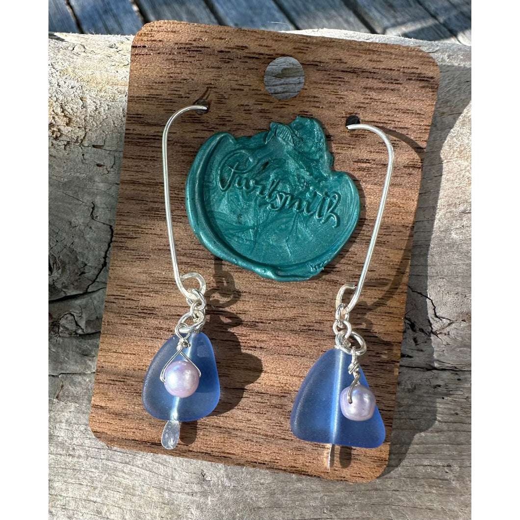 Petite Sea Glass Shapes with Pearl - Soft Blue with Lilac