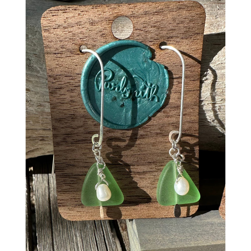 Petite Sea Glass Shapes with Pearl Earrings - Light Green