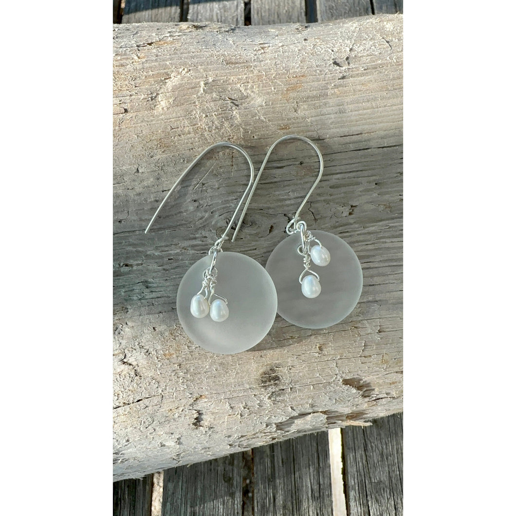 Sea Glass Disks with Pearl Earrings - White