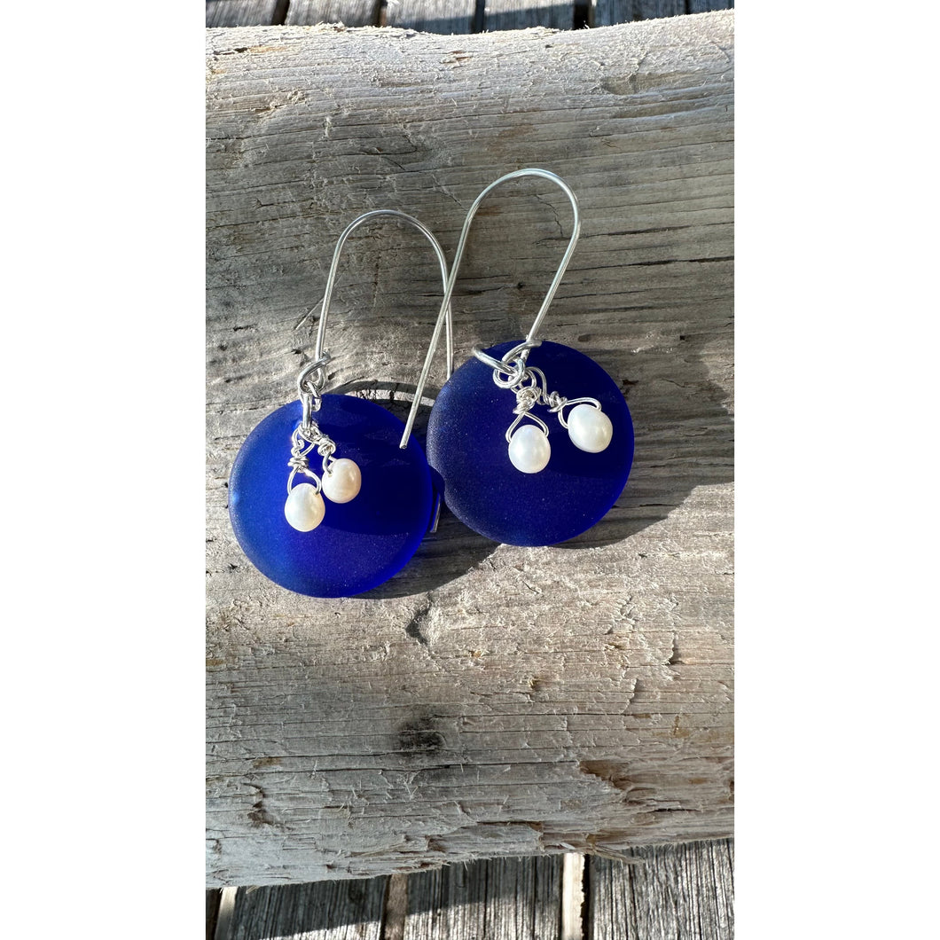 Sea Glass Disks with Pearl Earrings - Cobalt