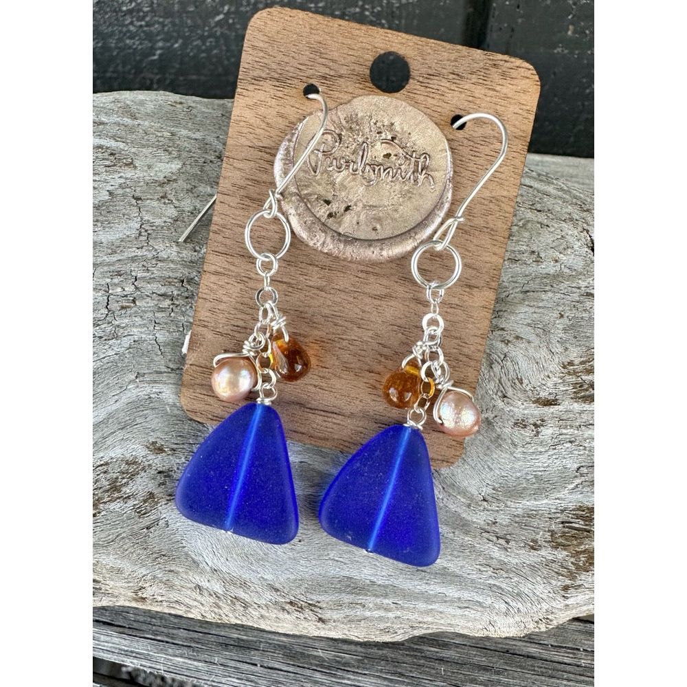 Cobalt & Cinnamon Sea Glass & Pearl Earrings