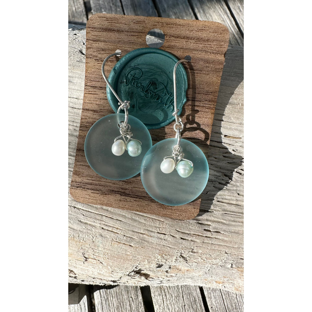Sea Glass Disks with Pearl Earrings - Seafoam